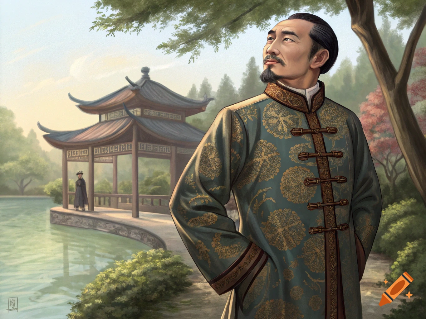 A man in traditional green and gold Chinese clothing with a goatee stands in a garden, looking up. A pagoda and pond are in the background.