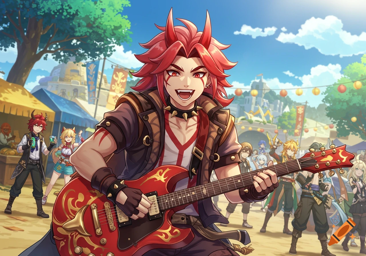 Arataki Itto from Genshin Impact playing an electric guitar at an outdoor festival, in an anime art style.
