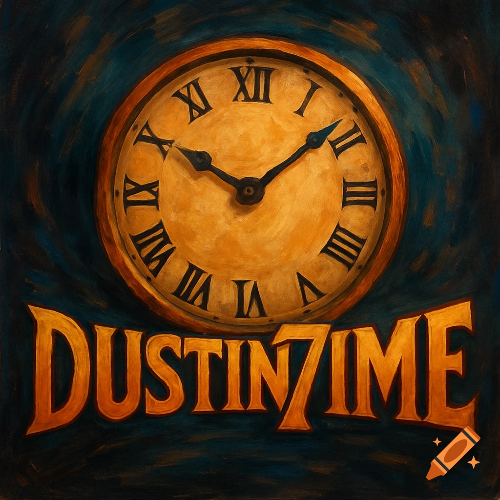 A stylized painting of a golden clock with black Roman numerals, set against a dark teal and blue background. Below the clock, the name "DUSTIN7IME" is rendered in bold, golden, stylized letters.