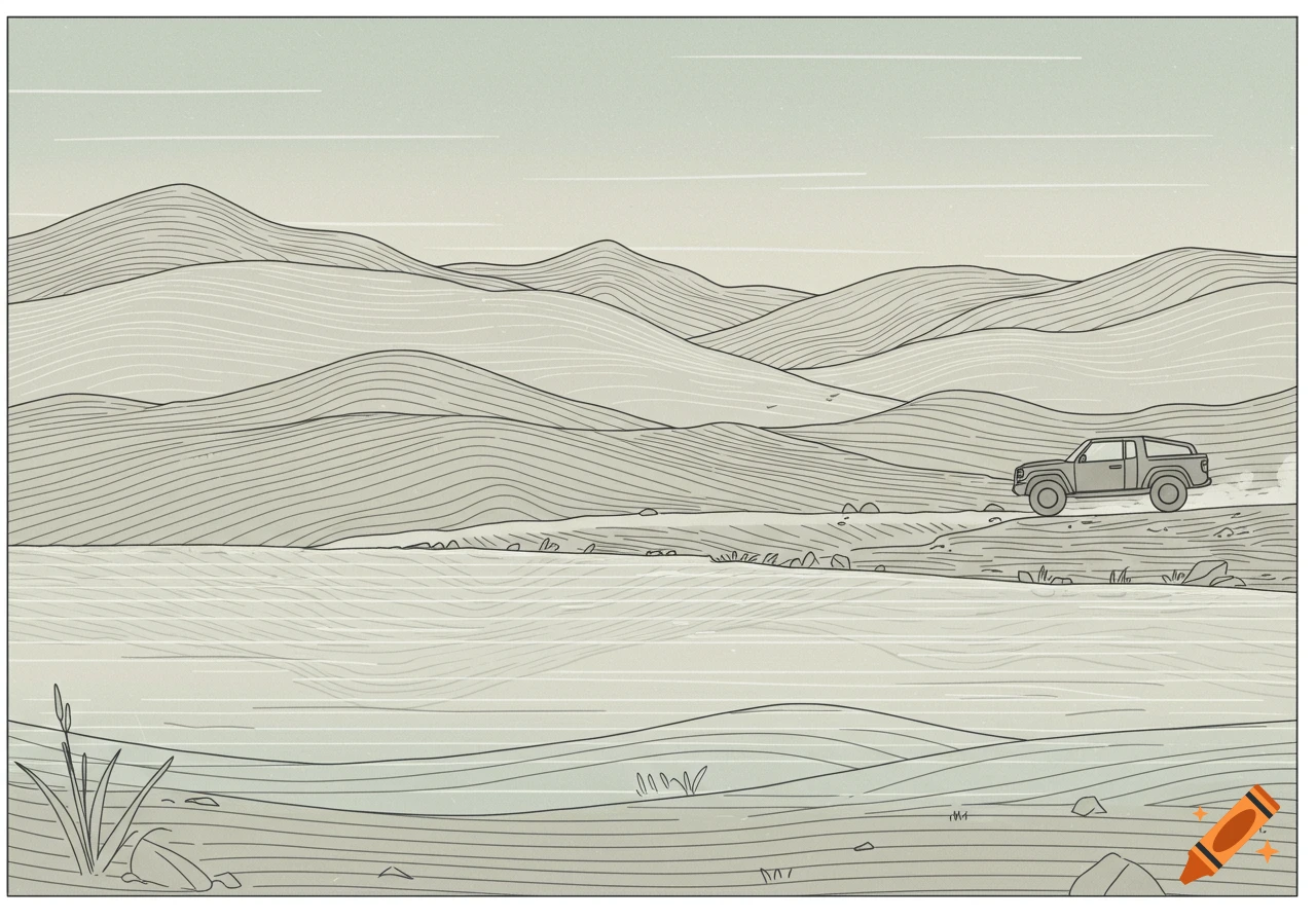A minimalist line art illustration of a mountain landscape with a lake in the foreground and a modern 4WD truck driving on a dirt path.