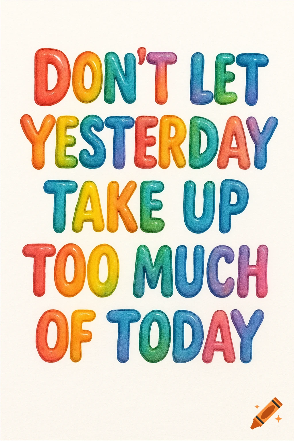 Motivational quote 'Don't let yesterday take up too much of today' in colorful rainbow bubble letters on white.