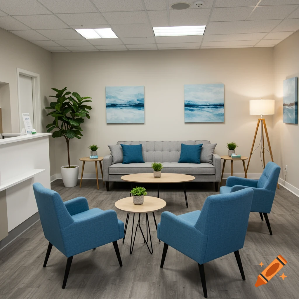 Photorealistic modern therapy clinic waiting room with a grey sofa, blue armchairs, and light wood tables.