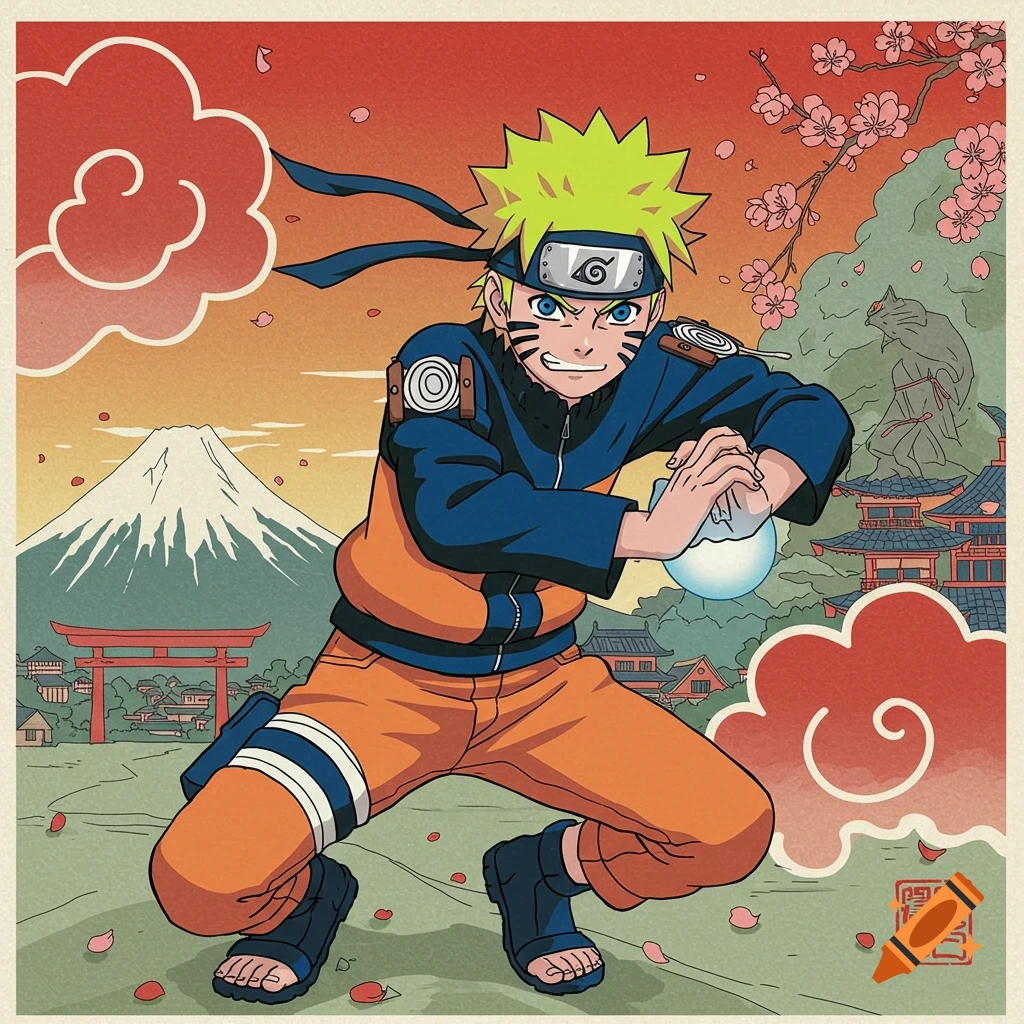 Naruto Uzumaki in a crouching stance, performing a Rasengan, depicted in a traditional Japanese art style with Mount Fuji and cherry blossoms in the background.