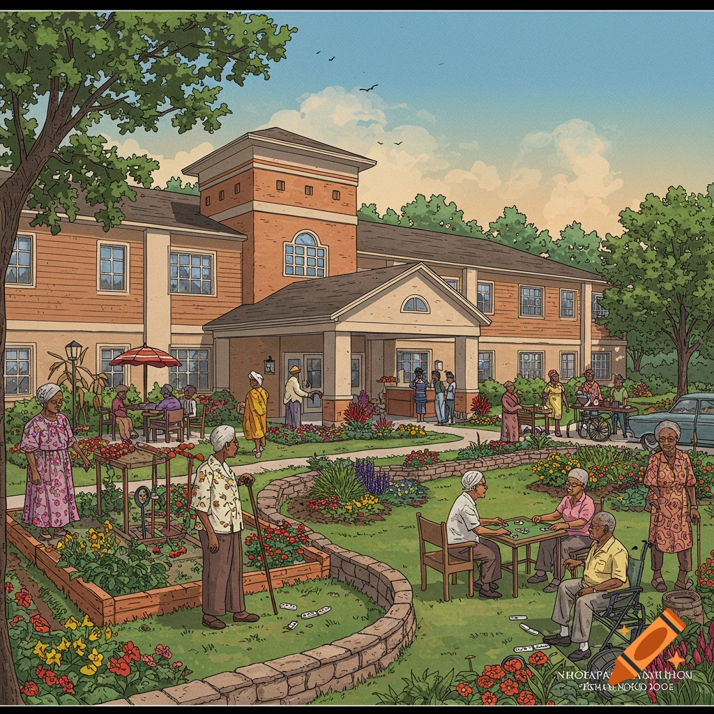 An illustration of elderly African American people at a nursing home, some gardening, some playing dominoes, and others socializing in a vibrant outdoor garden.