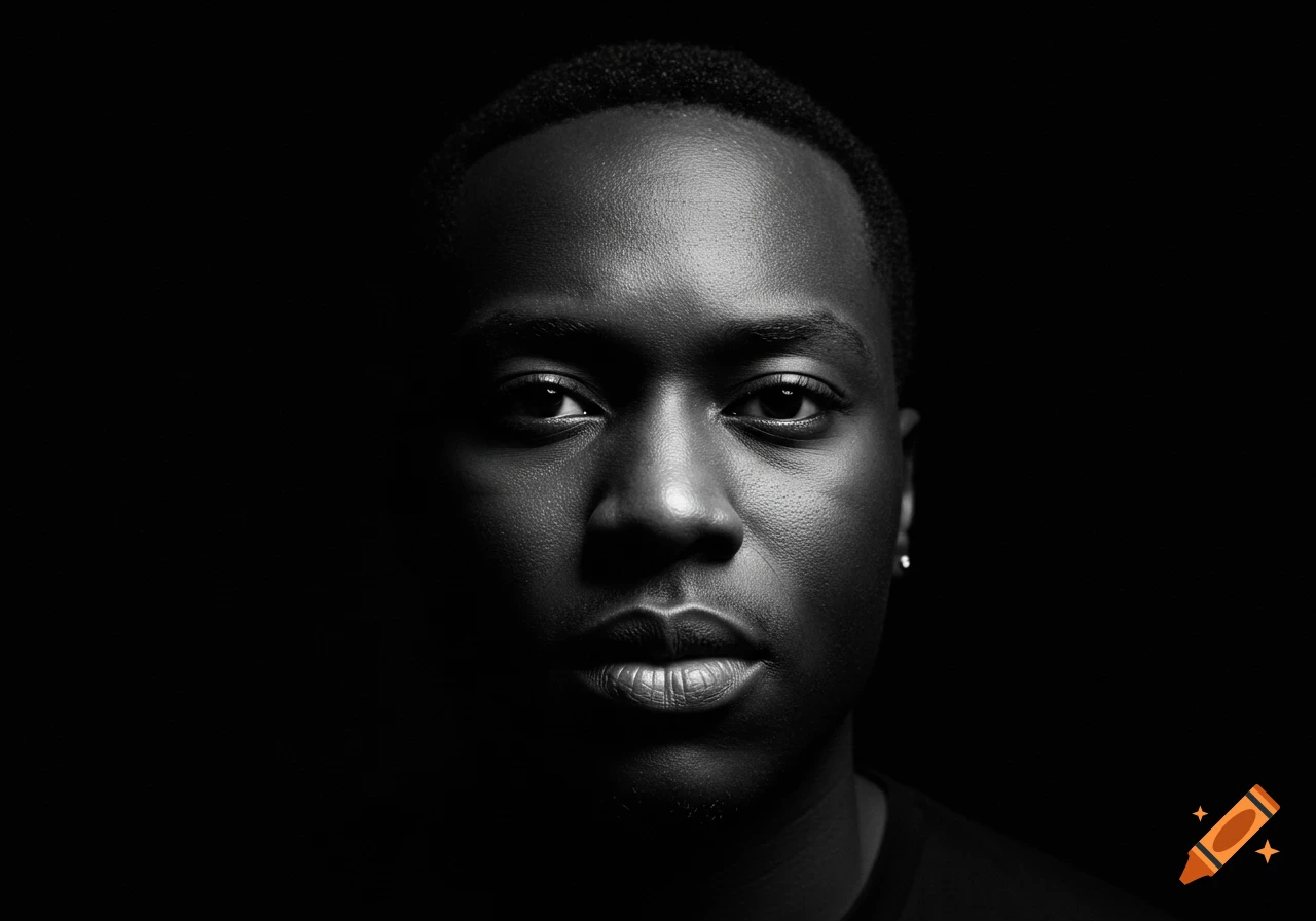 Monochromatic portrait of a young man with a neutral expression, dramatic lighting on a black background.
