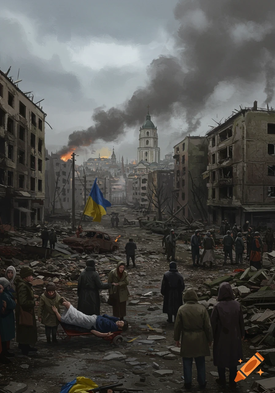 A desolate, war-torn city with bombed buildings, rubble, and smoke, featuring a Ukrainian flag and civilians amidst the destruction.