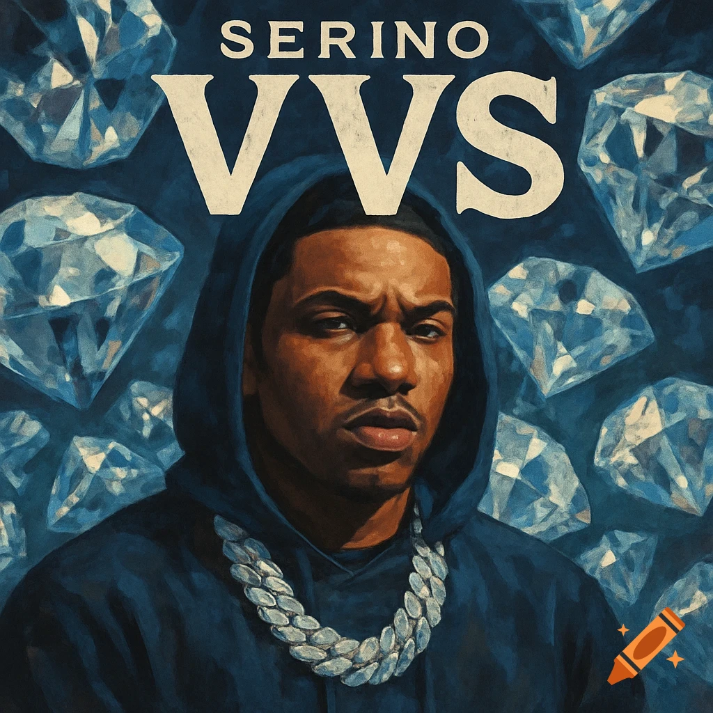 Illustrated album cover featuring a man in a hoodie with a large chain, surrounded by diamonds, with 'SERINO VVS' text.