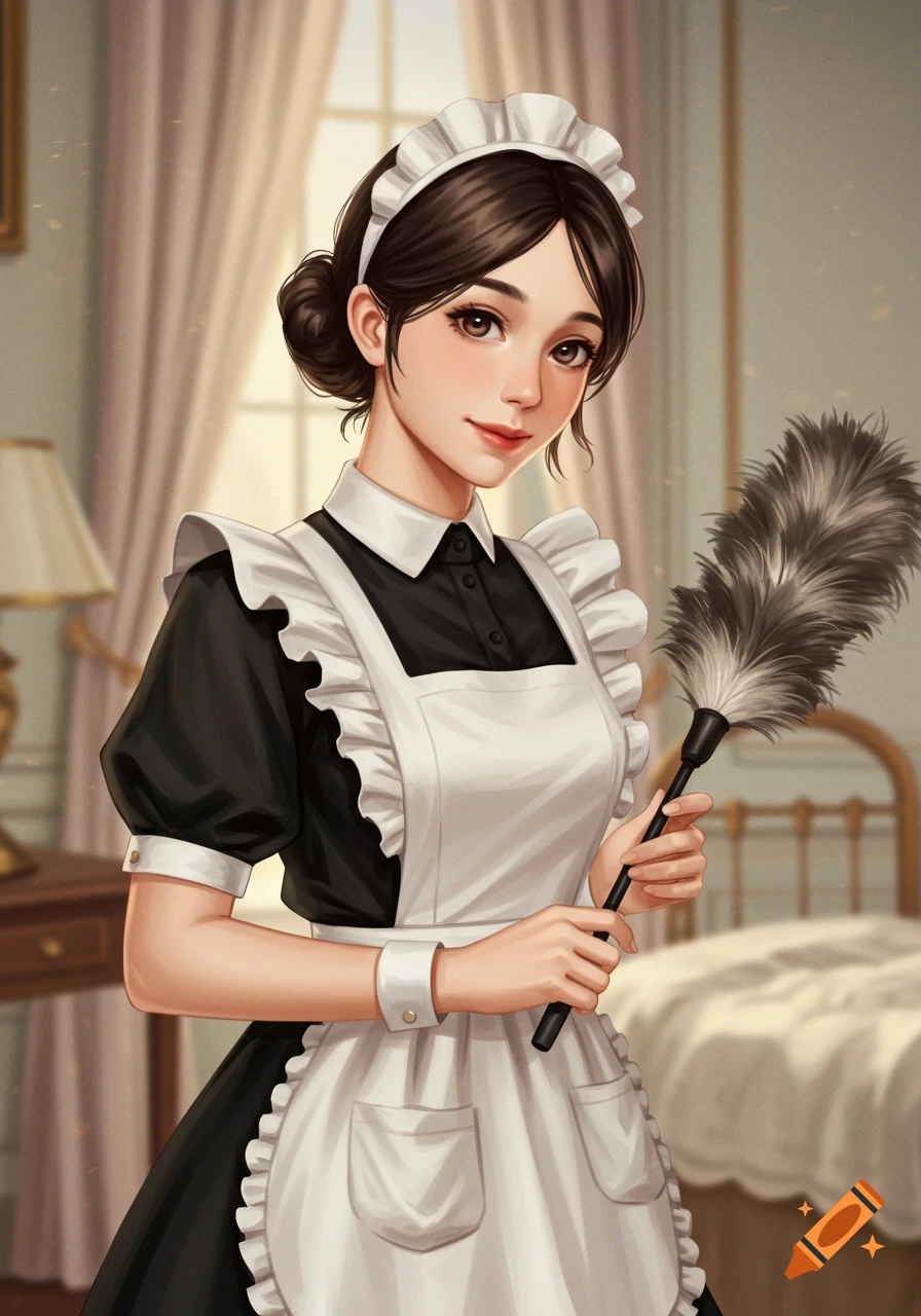An anime-style illustration of a maid with dark hair holding a feather duster in a room.