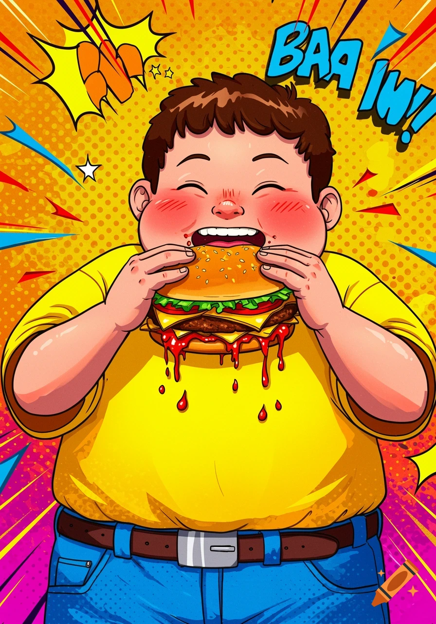 A cheerful cartoon boy in a yellow shirt devours a large, juicy burger, dripping with sauce, against a vibrant pop art background.