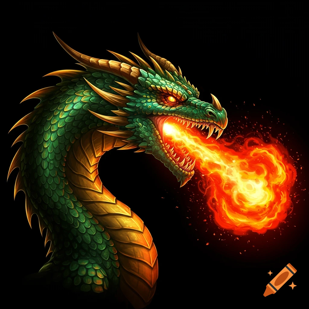 Green and gold dragon with glowing eyes breathing fiery orange flames against a dark background, digital art style.