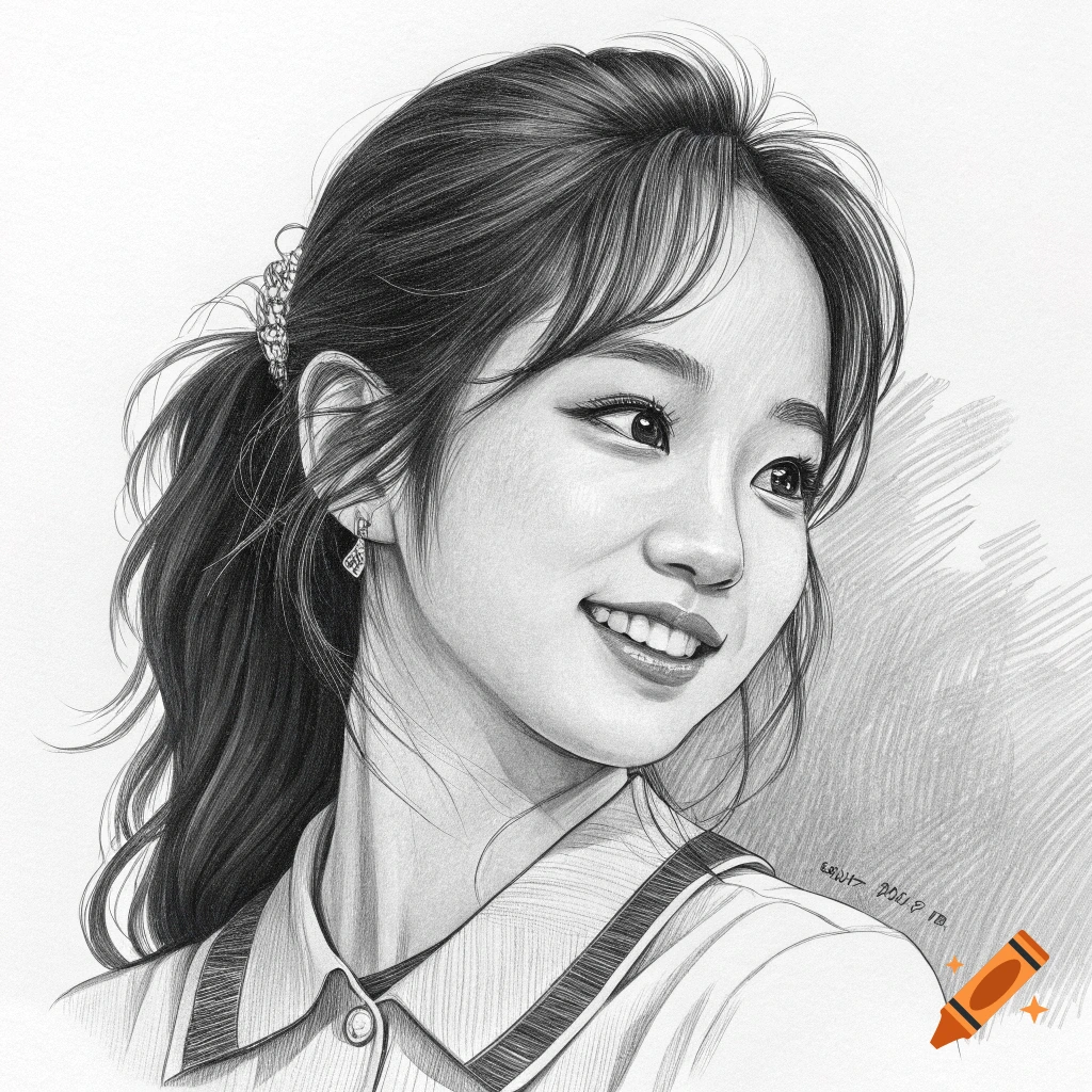 Black and white pencil drawing of a young woman with a ponytail smiling and looking to the side.