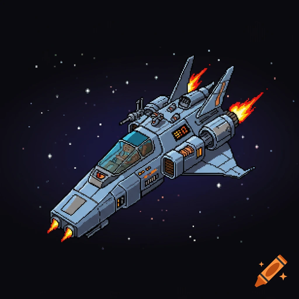 A gray pixel art spaceship with orange engines fires through a starry black space.