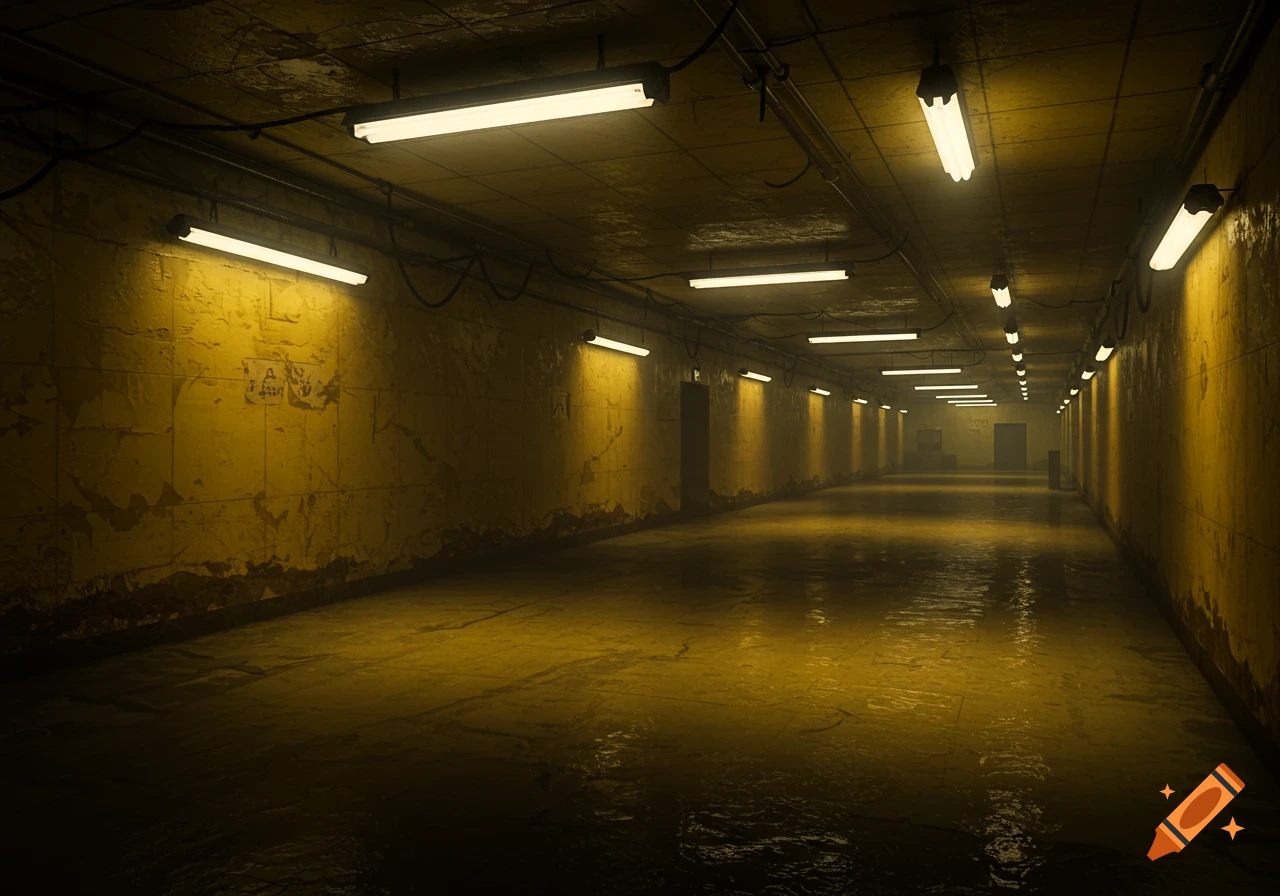 A long, dimly lit, yellow-hued corridor with fluorescent lights stretching into the distance. The walls are grimy and peeling, and the floor is wet, creating an eerie, desolate liminal space.