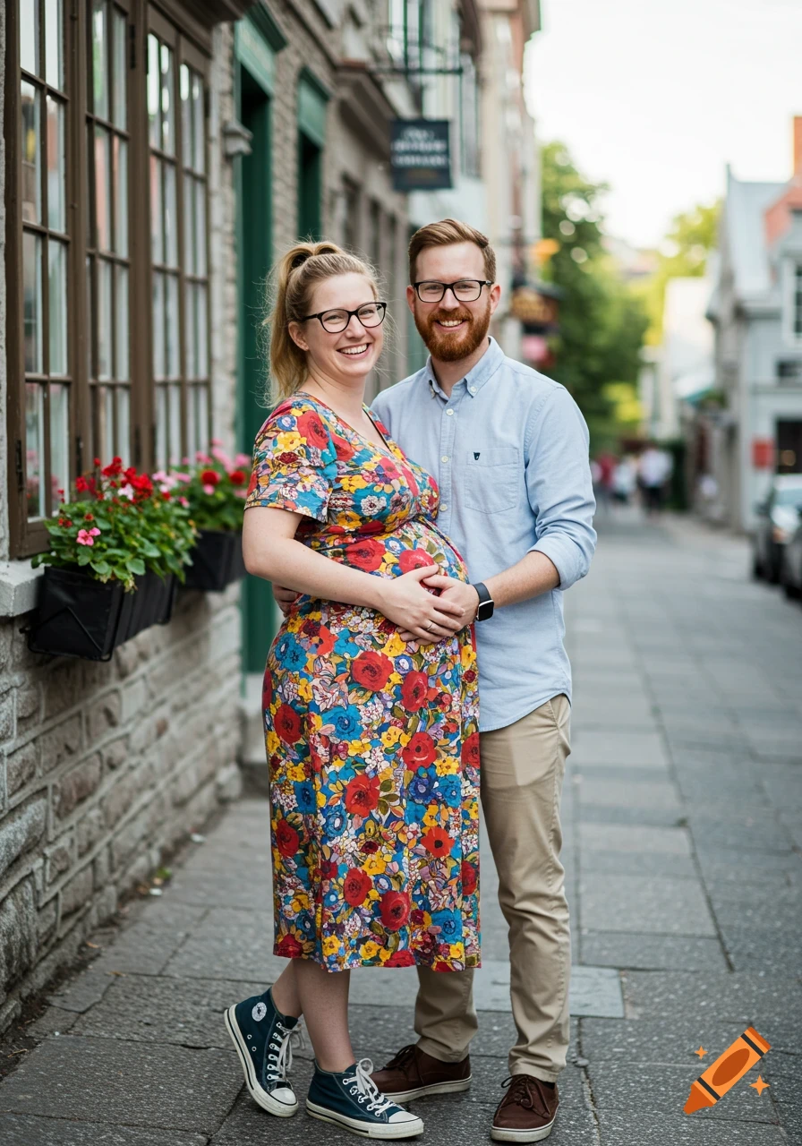 A smiling pregnant woman in a floral dress and a man in a light blue shirt stand on a city street.