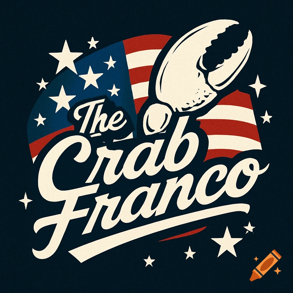 Vintage-style logo with 'The Crab Franco' text, a white crab claw, white stars, and an American flag background.