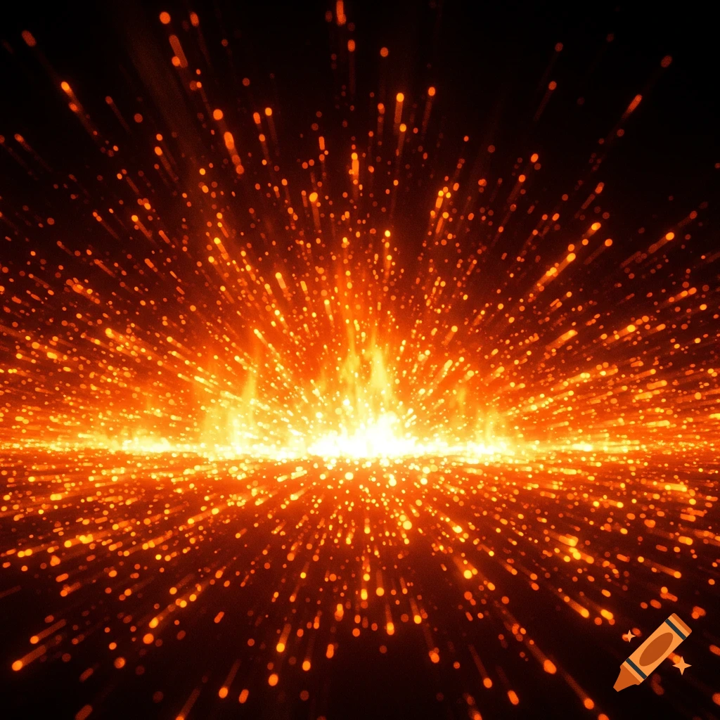 Bright orange and yellow sparks explode from a central point against a dark background.