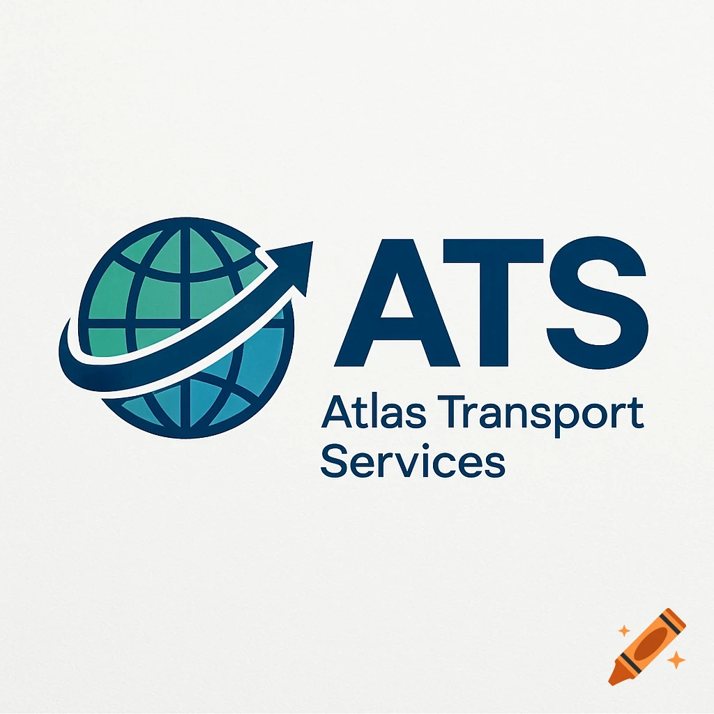 A blue and green logo for ATS Atlas Transport Services, featuring a stylized globe with an arrow wrapping around it.