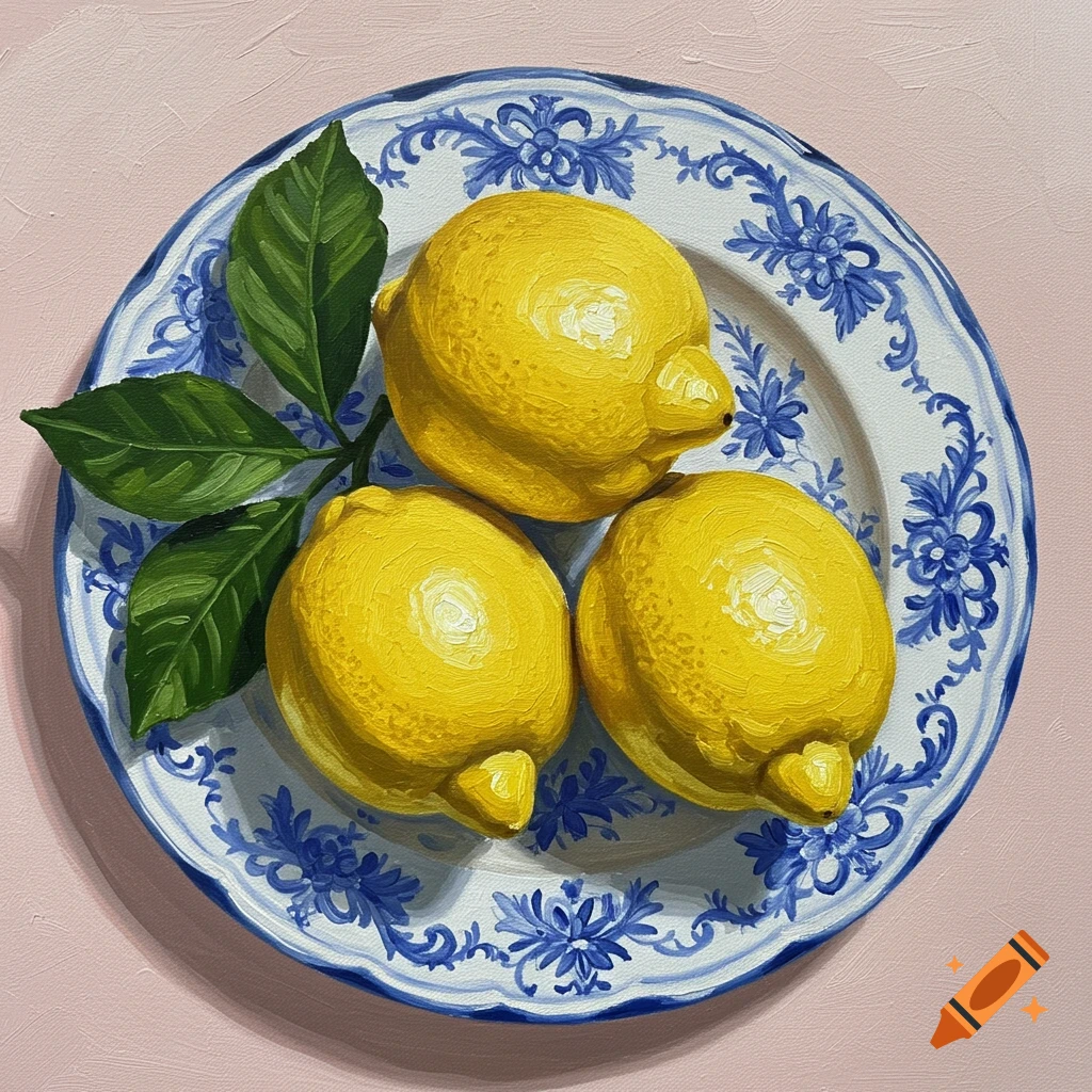 Painting of three yellow lemons with green leaves on a blue and white decorative plate, on a pink background, viewed from above.