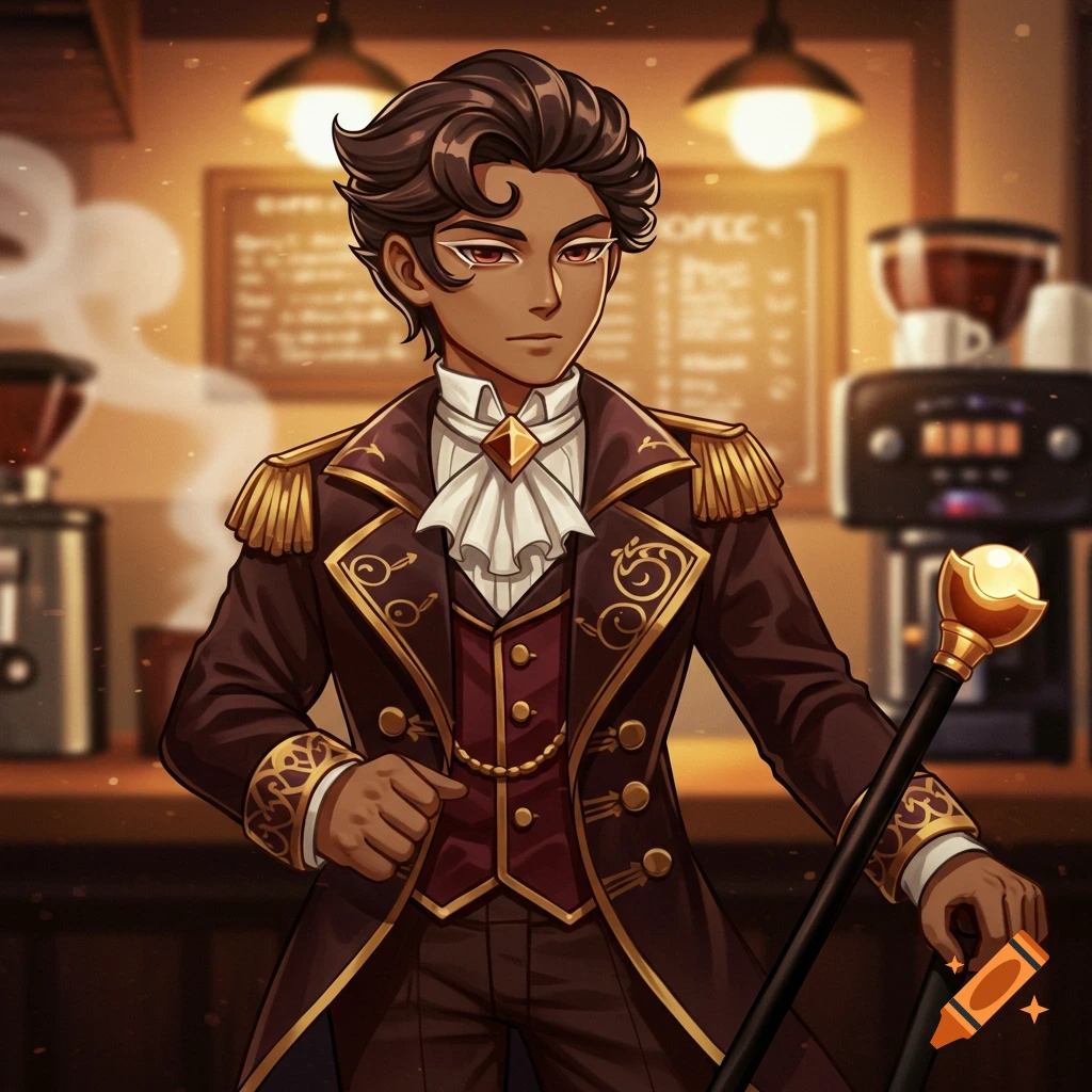 A stylish anime-style character in an ornate brown and gold outfit stands in a dimly lit coffee shop, holding a cane.