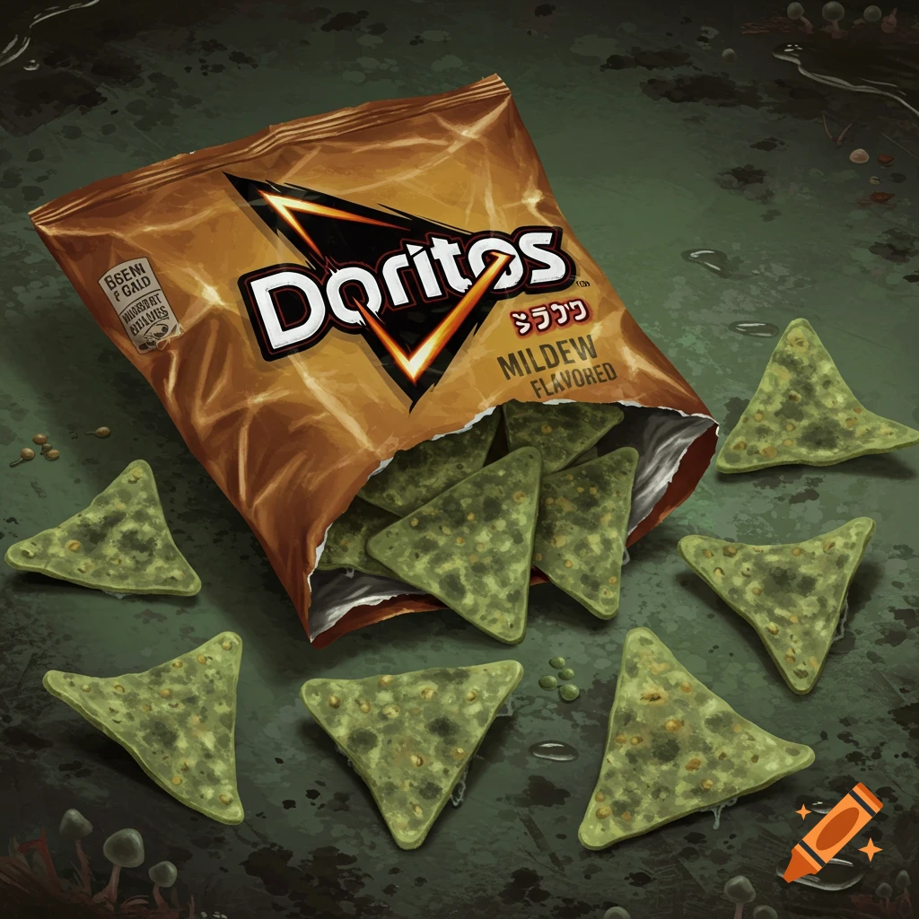 A bag of Doritos labeled 'Mildew Flavored' with moldy green chips spilled onto a dark, damp surface.
