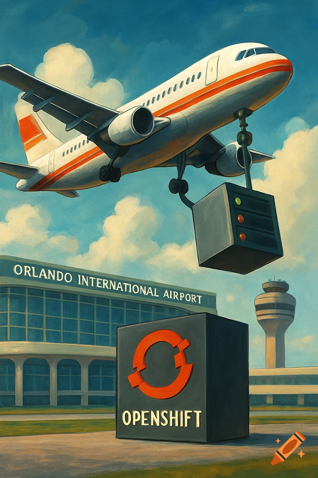 An airplane carries a server rack over Orlando International Airport in a painted style.