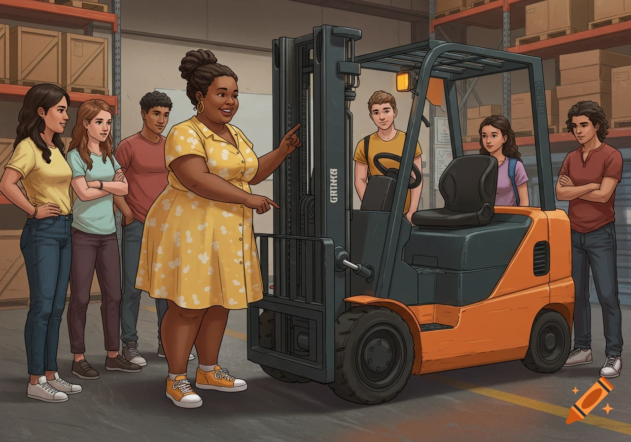 An African American woman teaches a group of young adults how to operate a forklift in a warehouse. Cartoon style.