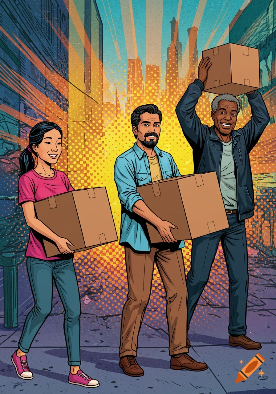 Three diverse people walk down a city street, carrying cardboard boxes in a pop art style.