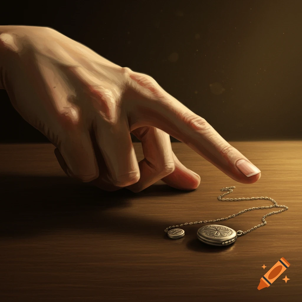 A close-up digital painting of a hand with a manicured index finger extended towards an ornate silver locket and chain on a wooden table.