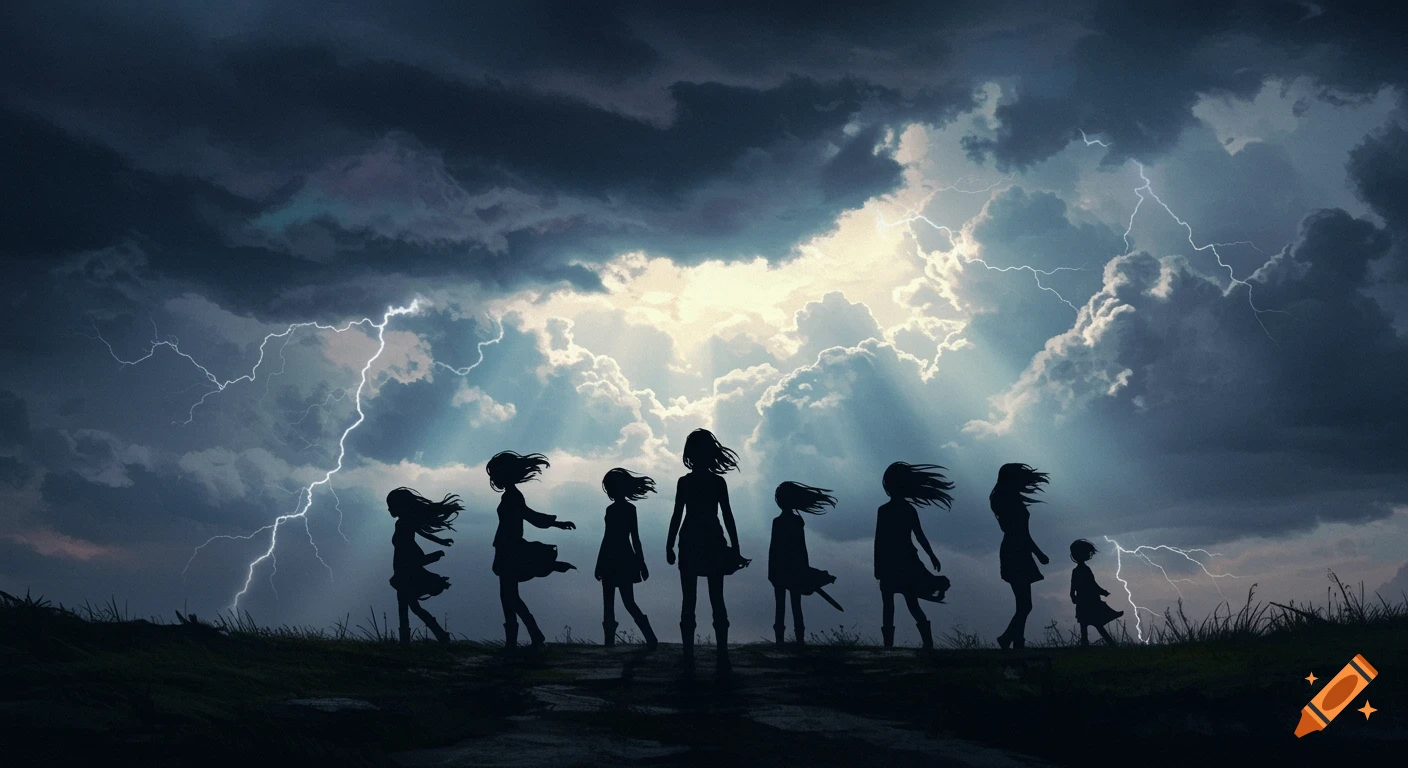 Silhouettes of women and girls standing on a windswept hill under a dramatic stormy sky with lightning.