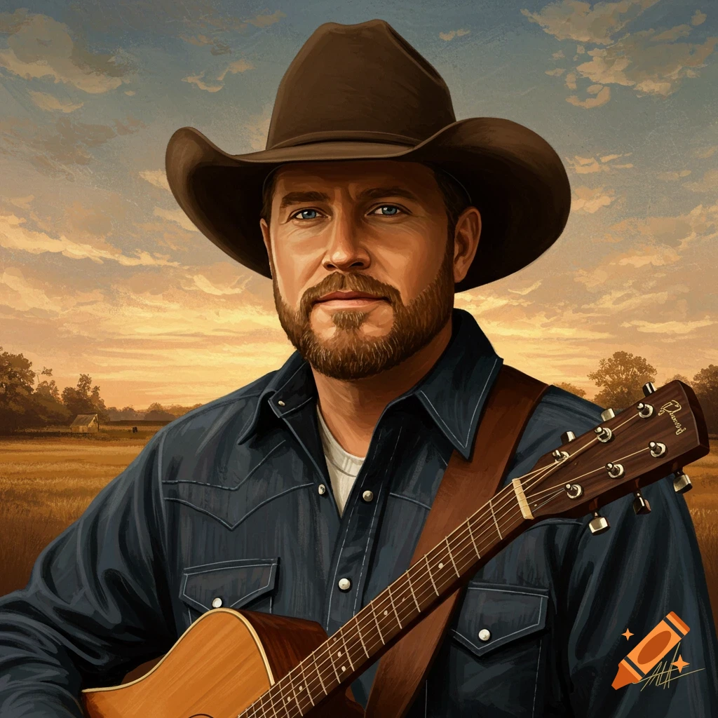 Painted portrait of a man in a cowboy hat and denim shirt, holding an acoustic guitar, against a sunset field.