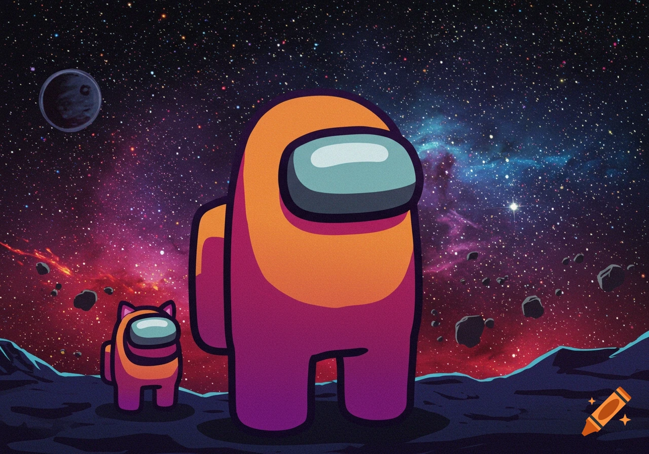 An orange Among Us character and a smaller pink cat-eared one stand on a dark planet surface with a colorful galaxy and stars in the background.