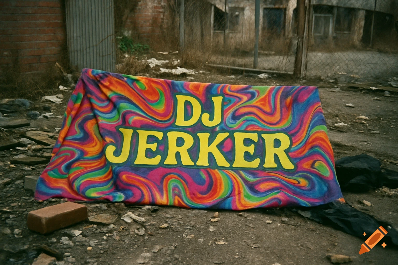A psychedelic banner with "DJ JERKER" in yellow text is abandoned on the dirty ground of a run-down urban area, shot like a 90s photo.