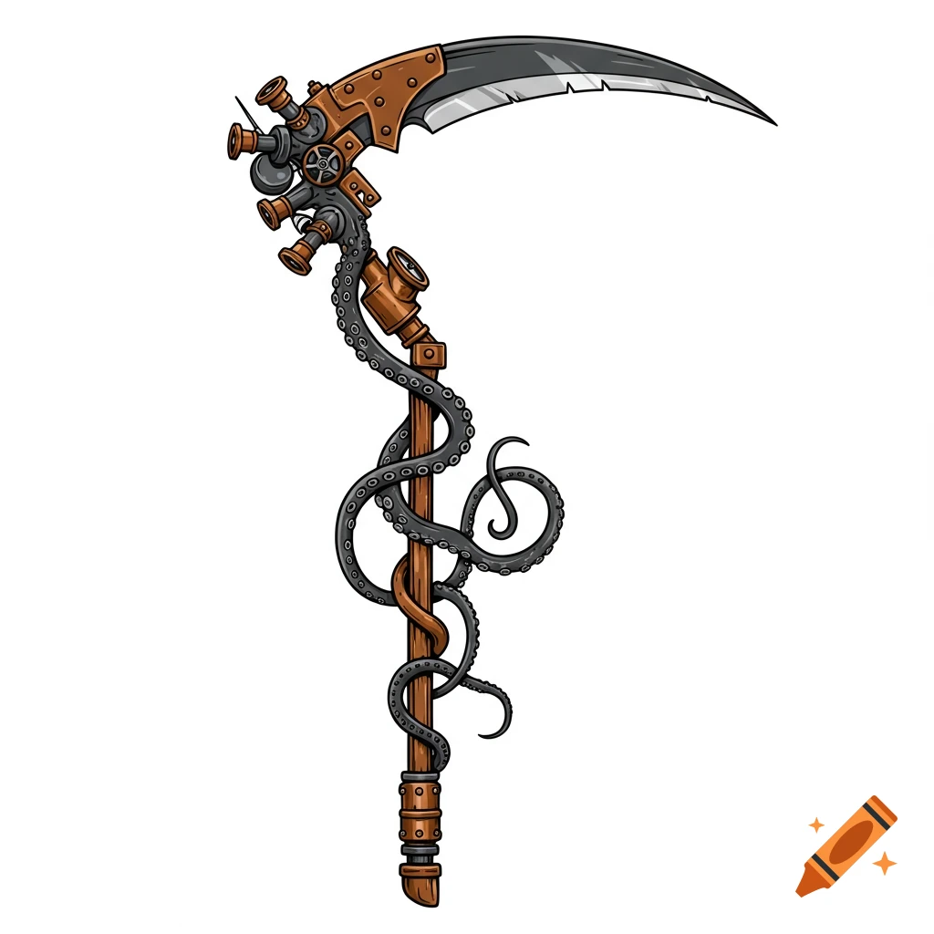 A detailed illustration of a steampunk scythe with a wooden and copper pipe handle wrapped in black tentacles, and a curved metal blade.