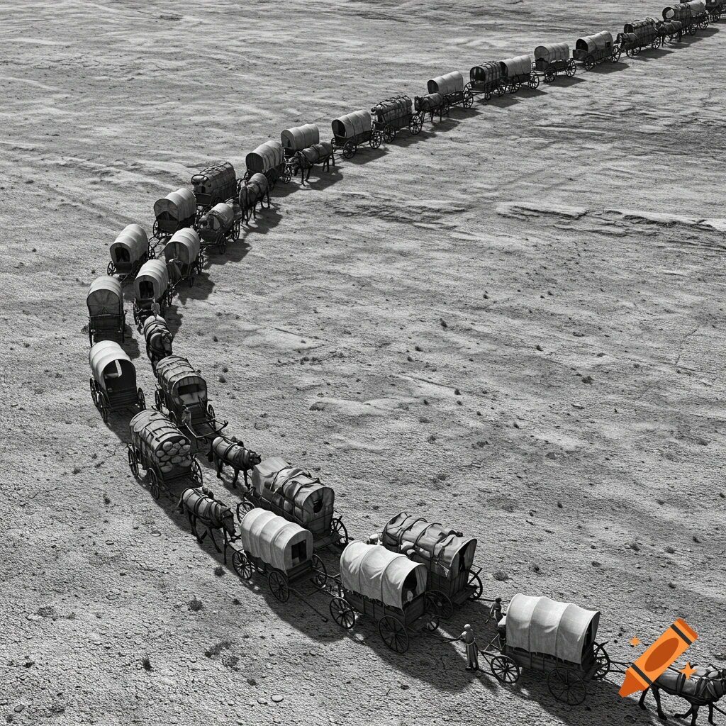 A long line of covered wagons forming a caravan, seen from a high aerial perspective, in black and white, traversing a vast, flat landscape.