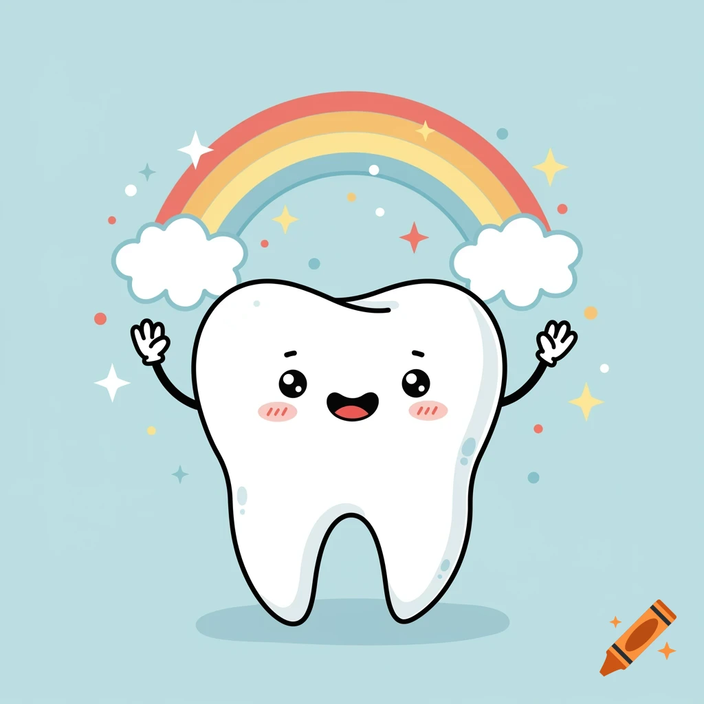 Happy cartoon molar tooth with arms, under a rainbow and sparkles on a light blue background.