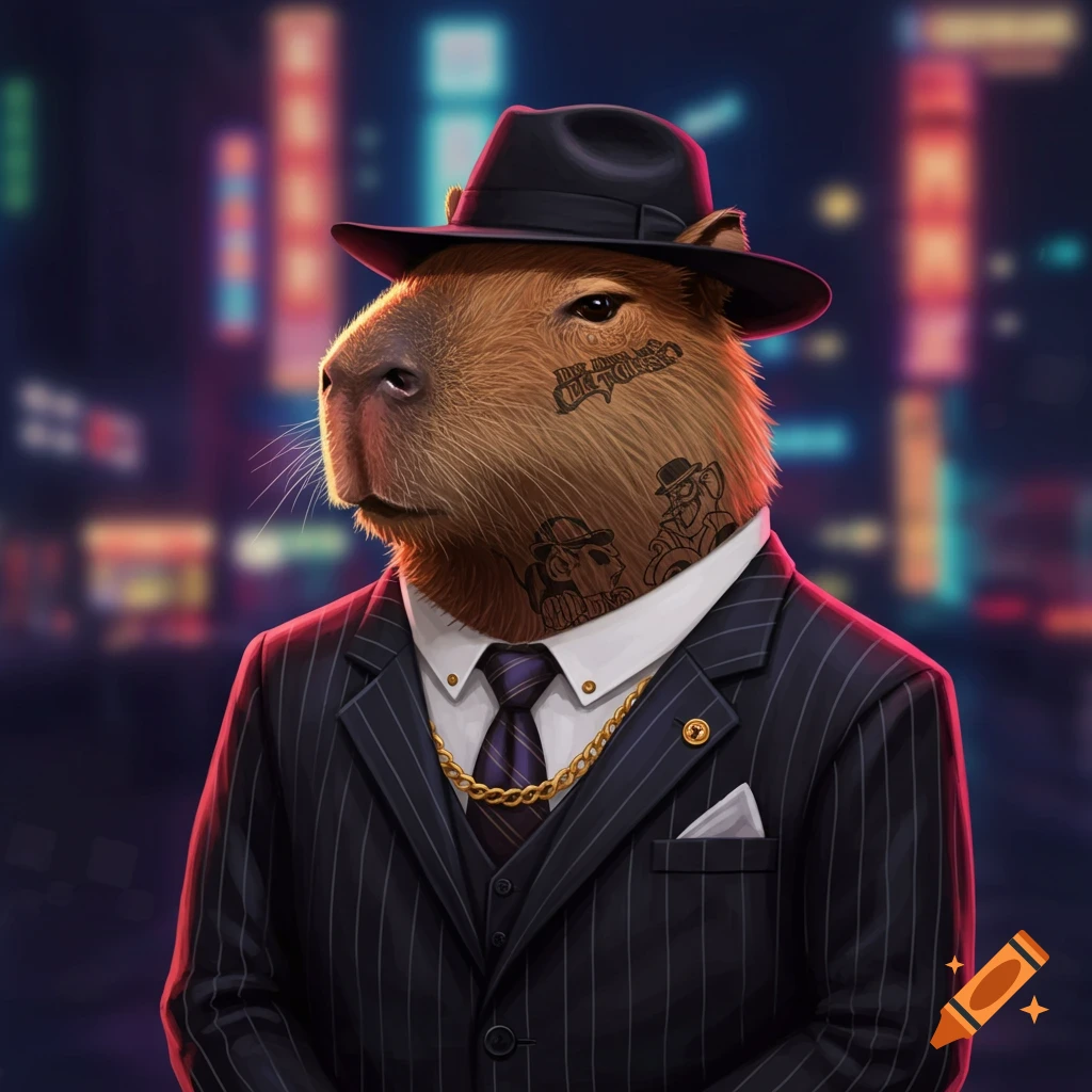 A capybara wearing a pinstripe suit, fedora, and gold chain, with tattoos on its face and neck, against a blurry city night background.
