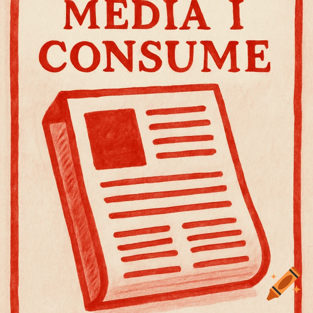 Red illustration of a newsletter or newspaper with the text 'MEDIA I CONSUME' at the top.