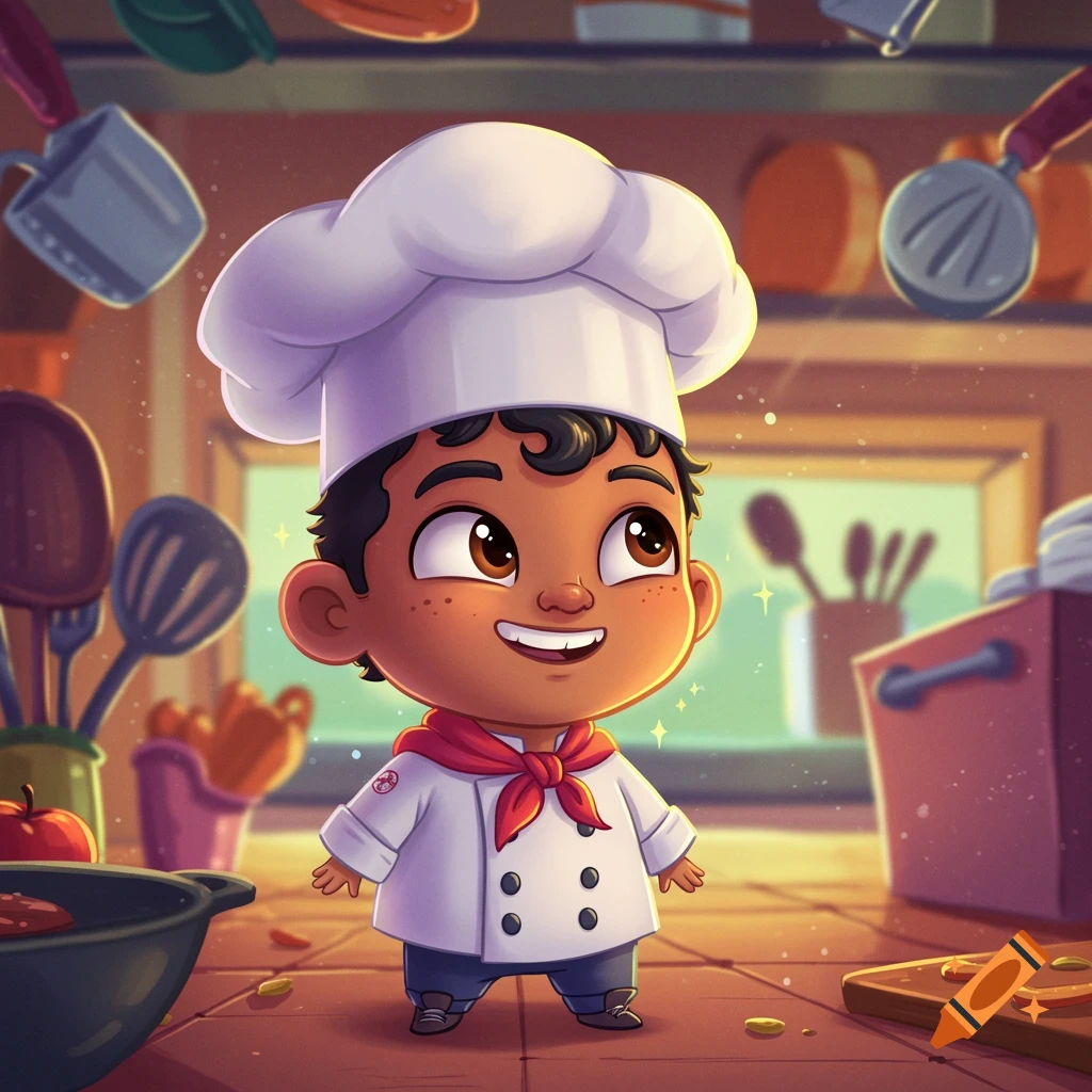 A smiling cartoon boy chef in a white hat and red scarf stands in a bright kitchen with cooking utensils.