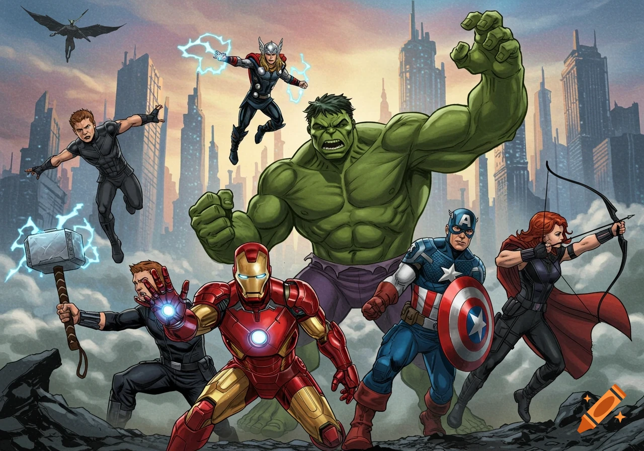 The Avengers superheroes, including Hulk, Iron Man, Captain America, Black Widow, Thor, and Hawkeye, pose heroically in a comic book style against a cityscape background.