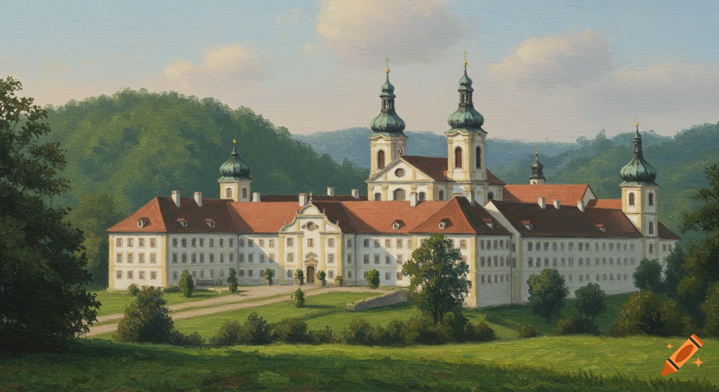 An impressionistic painting of a large white Baroque monastery with red ...