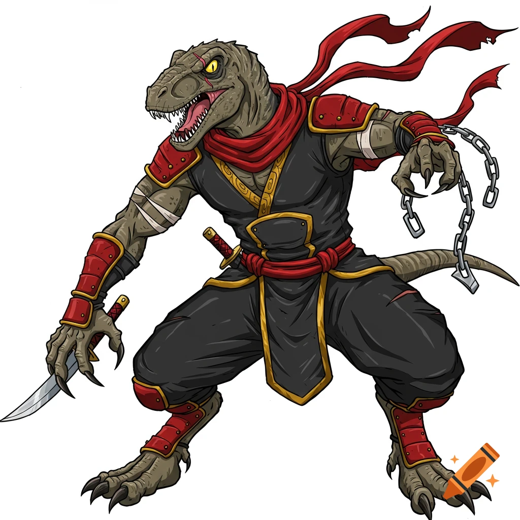 Anime-style velociraptor ninja with a fierce look, wearing a black suit with red and gold details, holding a sword and chain.