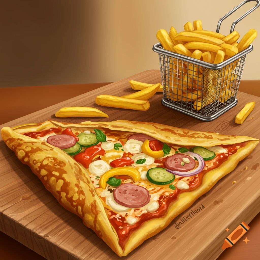 An illustrative image of a triangular crepe pizza with toppings, served next to a basket of french fries on a wooden board.