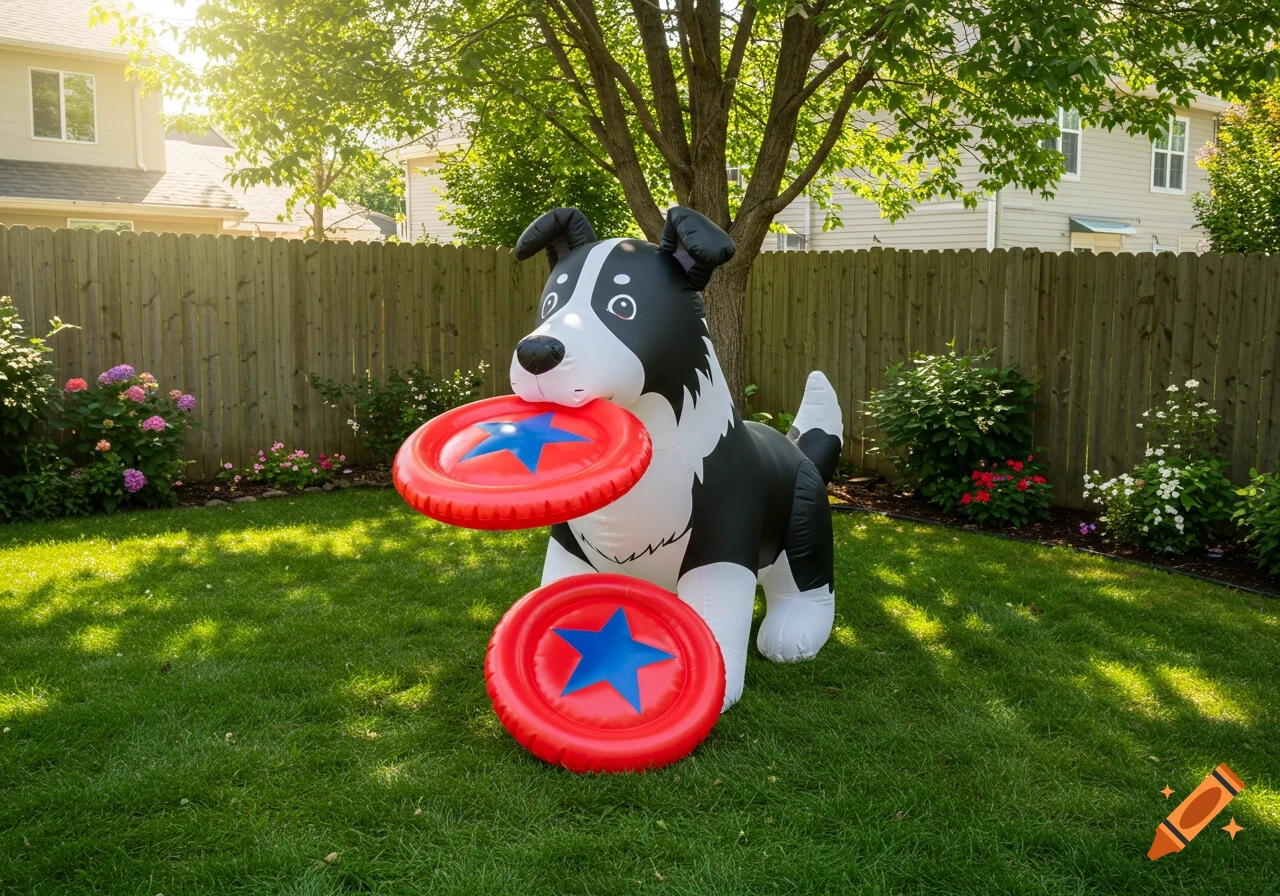 A large inflatable black and white Border Collie holds a red frisbee with a blue star in its mouth, with another frisbee on the green grass below, in a sunny backyard.