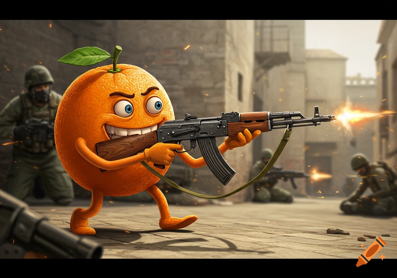 A cartoon orange character with a big smile runs and fires an assault rifle in a blurry, war-torn city street.