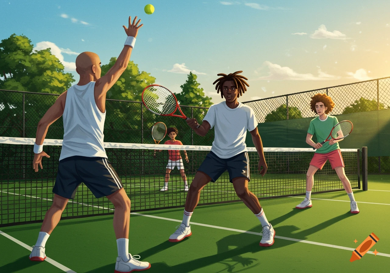 Four people play tennis on a green court under a blue sky, in an illustrative style.