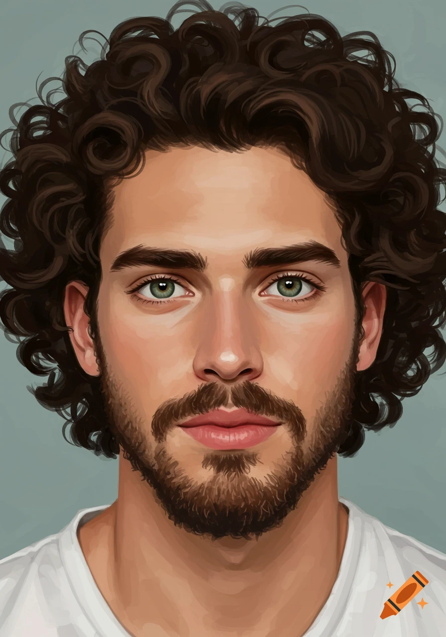 A digital painting of a man with dark curly hair, a beard, and green eyes.