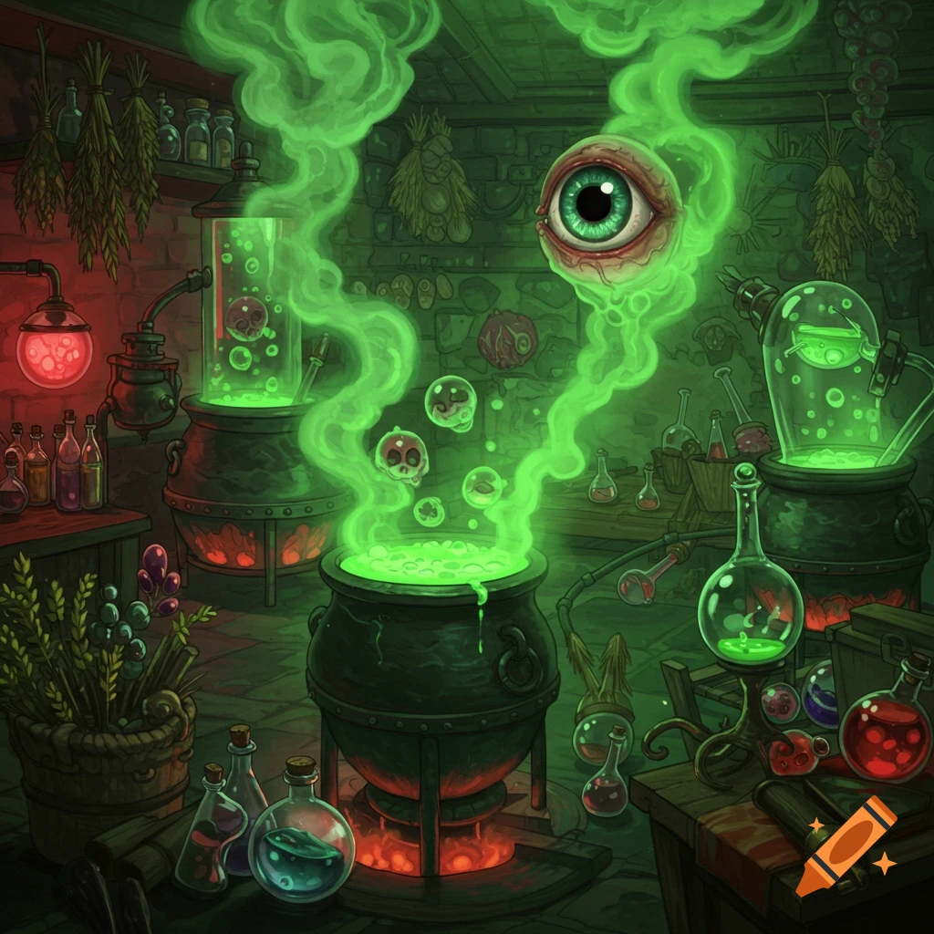 An eerie, detailed illustration of a witches' alchemy lab with glowing green cauldrons, beakers, and a large floating eyeball amidst green smoke.