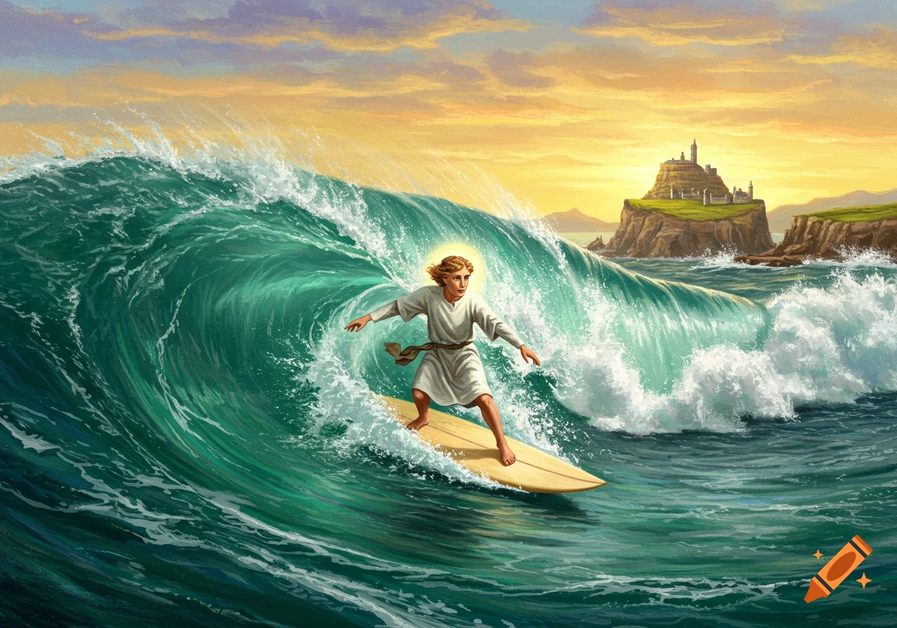 A robed figure with a halo surfs a large green wave towards an island with a castle at sunset, in a painterly style.