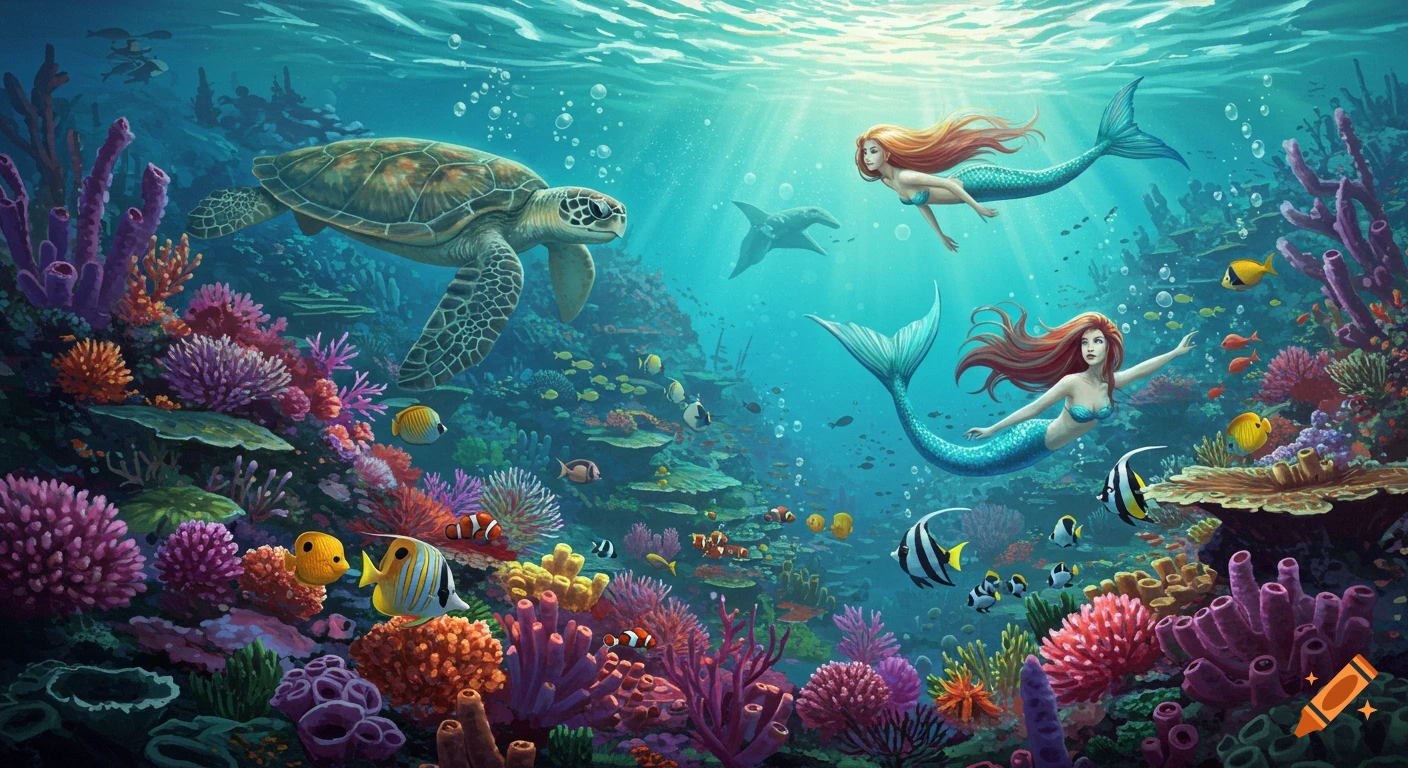 Vibrant landscape art of an underwater coral reef with two mermaids, a sea turtle, and various colorful fish.