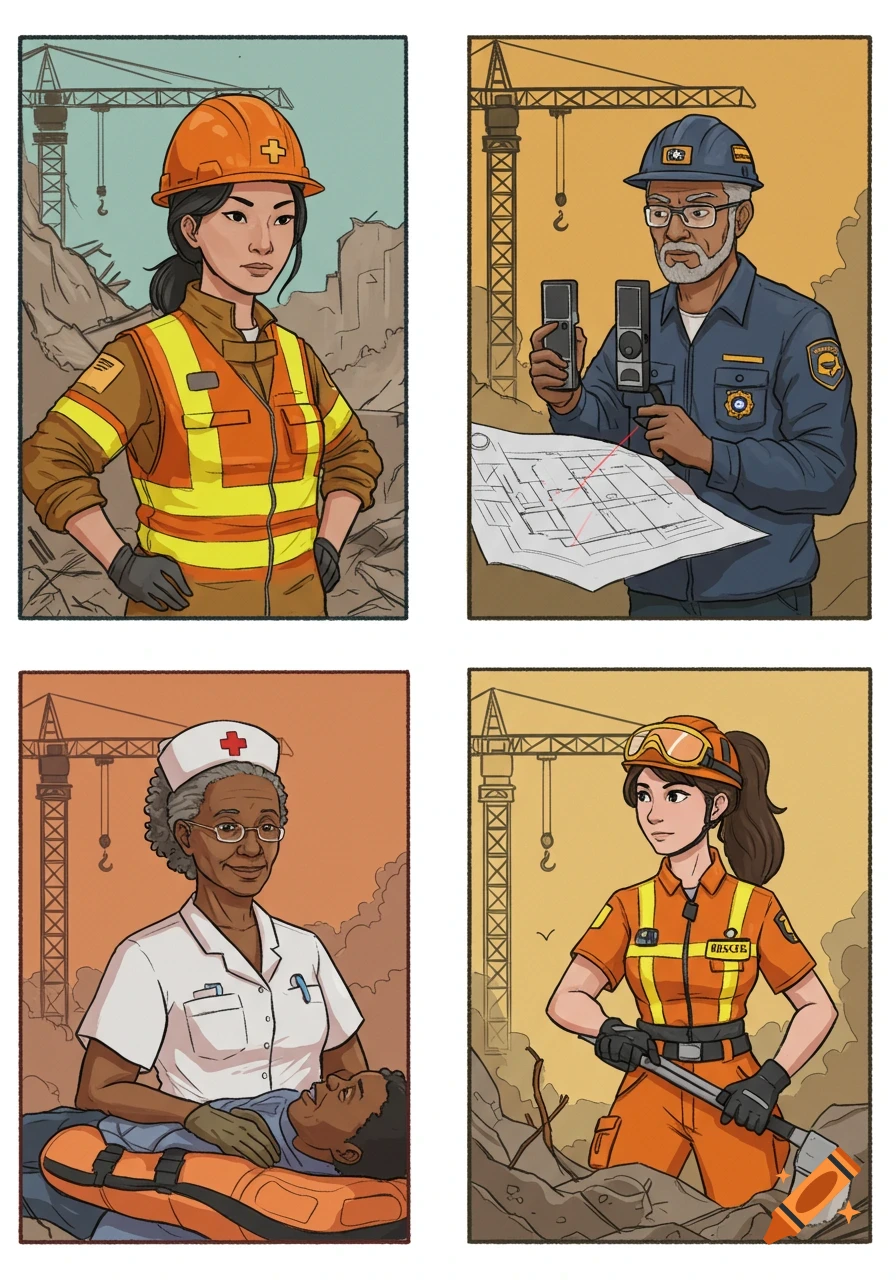 Four comic-style panels showing first responders in a post-disaster setting. Includes an engineer, a nurse, and rescue workers.